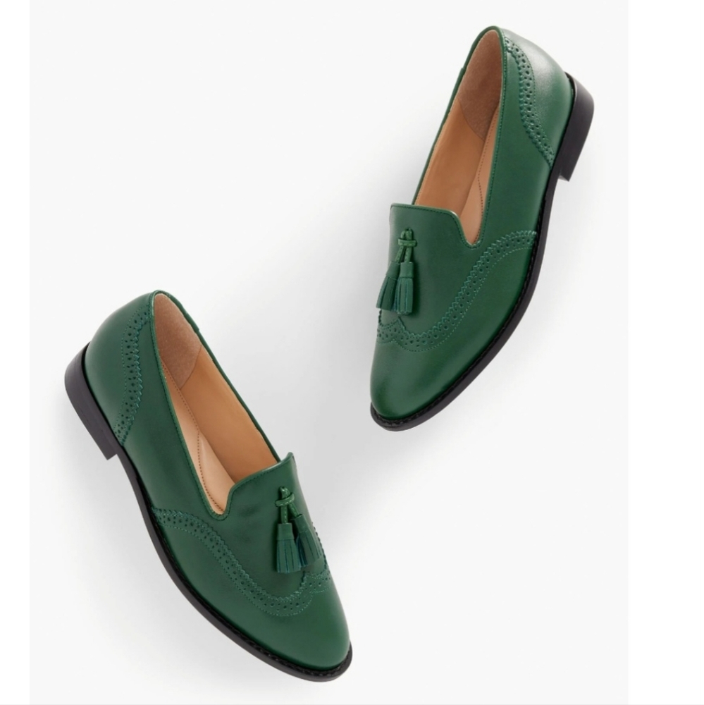 Talbots green Leighton Brougue leather tassel loafer